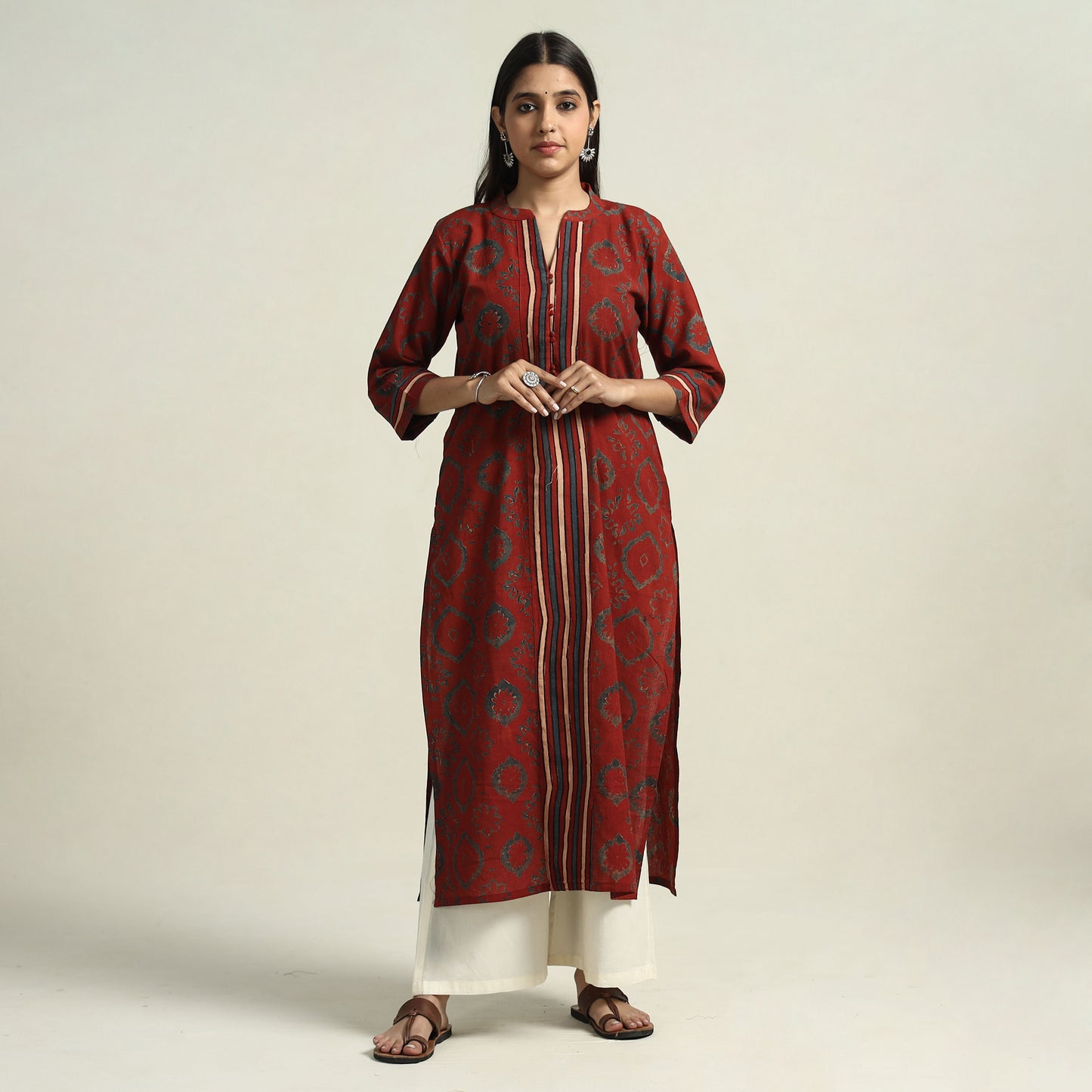 Red - Ajrakh Block Printed Cotton Straight Kurta with Patch