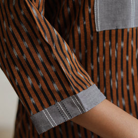 Brown - Pochampally Ikat Weave Cotton Straight Kurta with Jacquard Patchwork 23