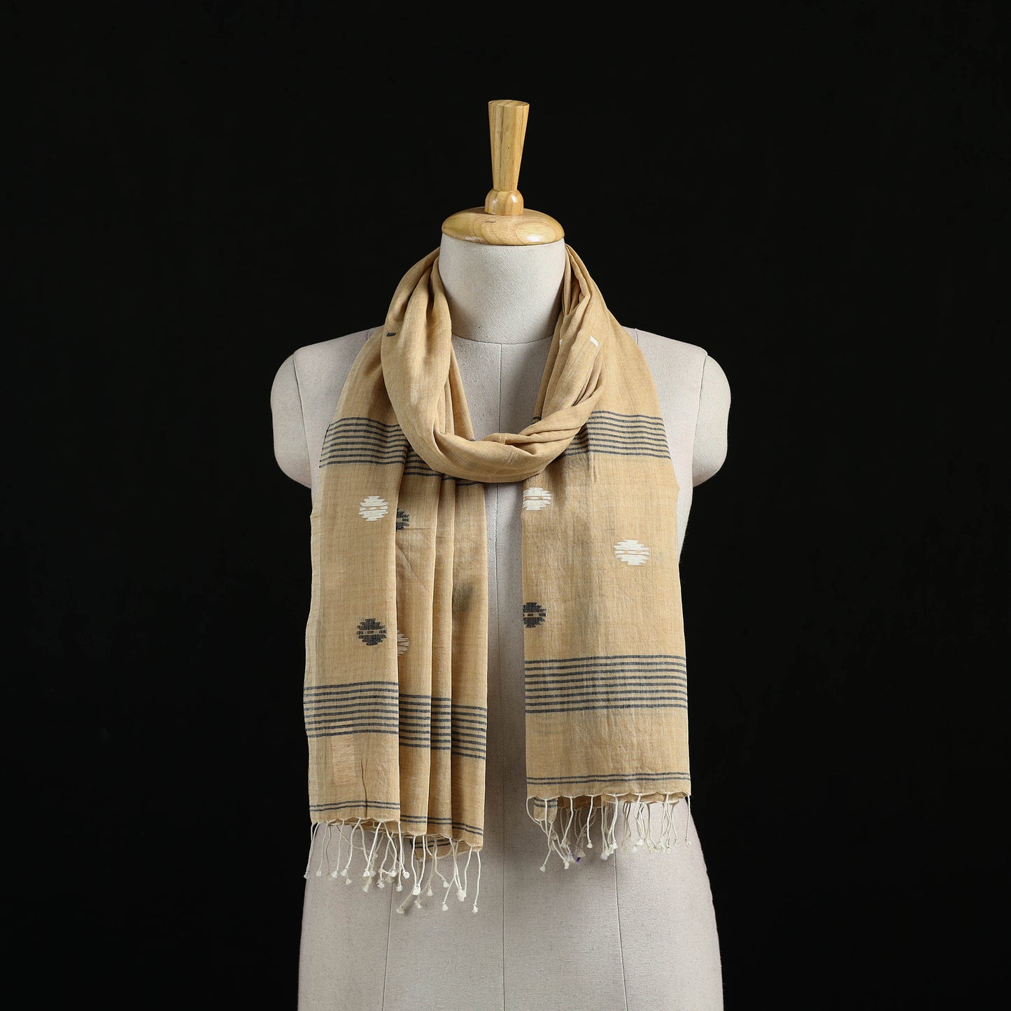 Beige - Burdwan Jamdani Handloom Cotton Stole with Tassels 02