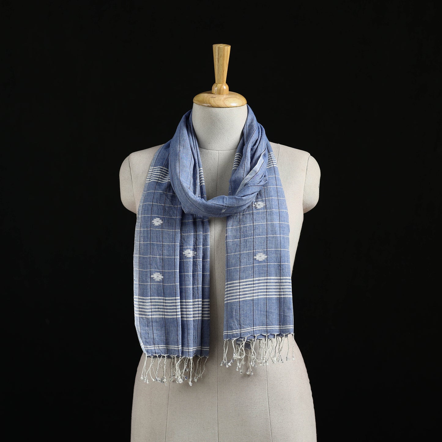 Blue - Burdwan Jamdani Handloom Cotton Stole with Tassels 01