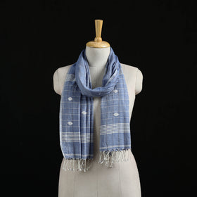 Blue - Burdwan Jamdani Handloom Cotton Stole with Tassels 01