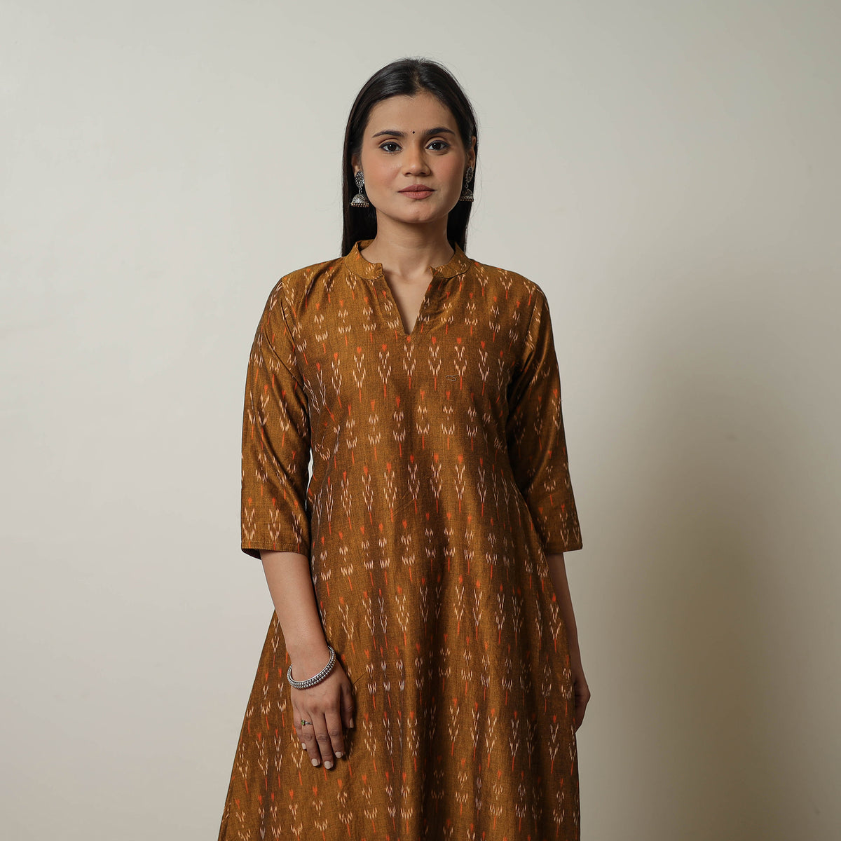 Brown - Mercerised Cotton A-Line Pochampally Ikat Kurta 01