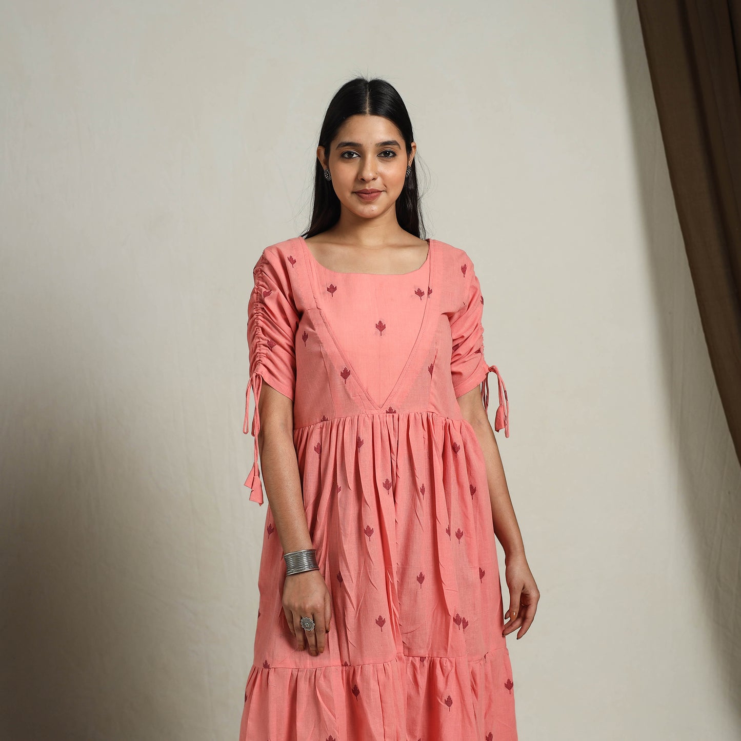 Peach - Tiered Fit & Flare Cotton Jacquard Dress 05