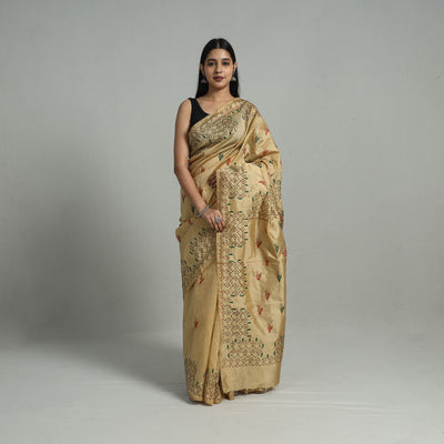 Beige - Handcrafted Bengal Nakshi Kantha Work Silk Saree 23