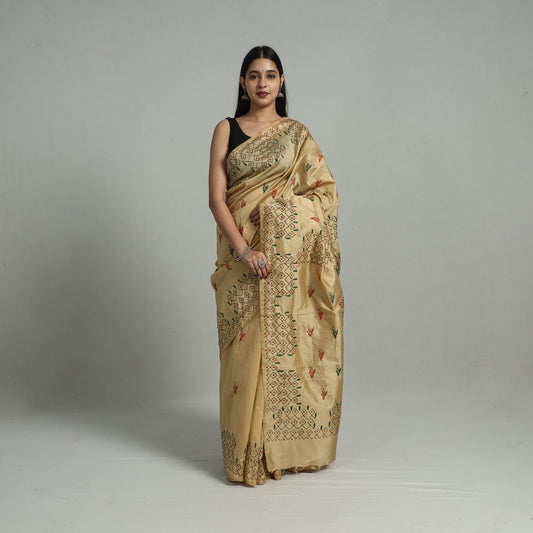 Beige - Handcrafted Bengal Nakshi Kantha Work Silk Saree 23