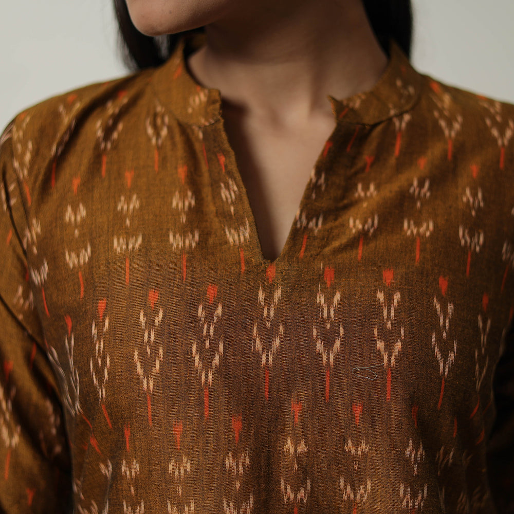 Brown - Mercerised Cotton A-Line Pochampally Ikat Kurta 01