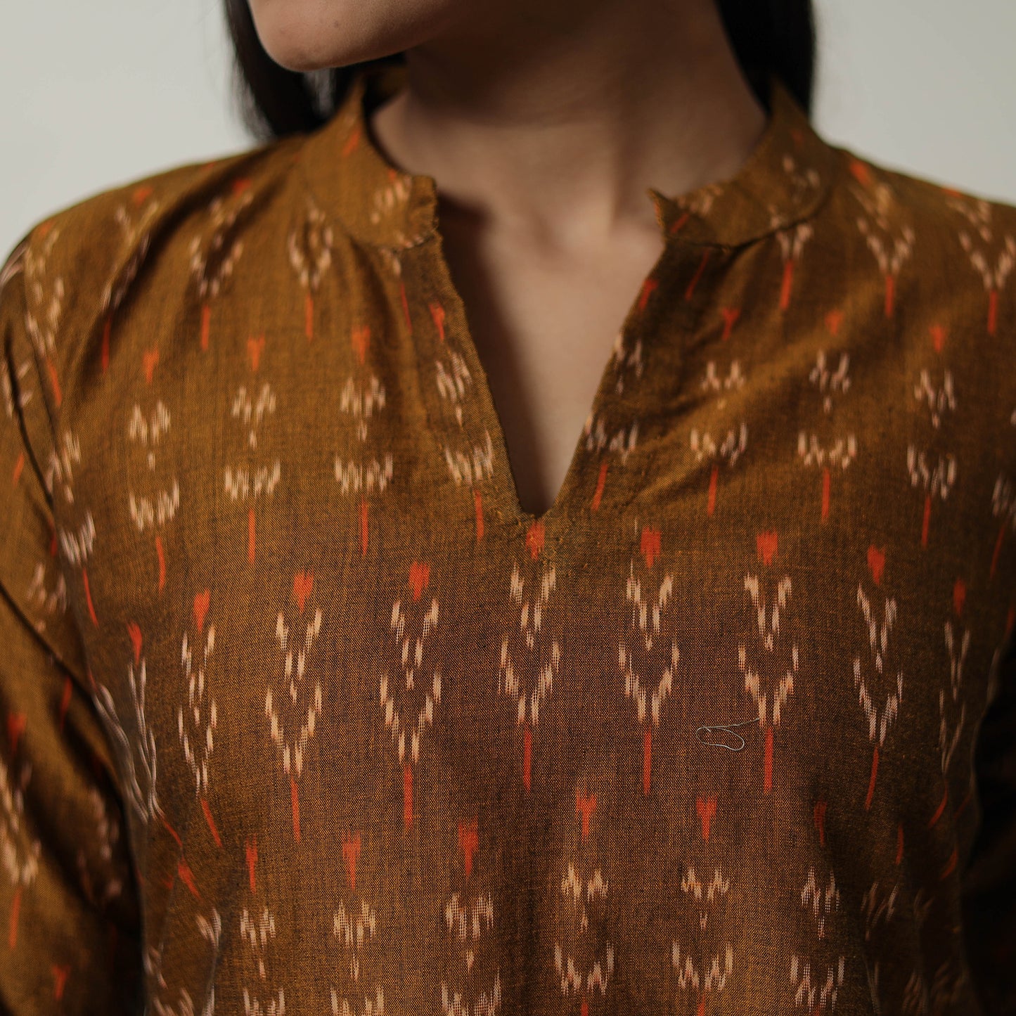 Brown - Mercerised Cotton A-Line Pochampally Ikat Kurta 01