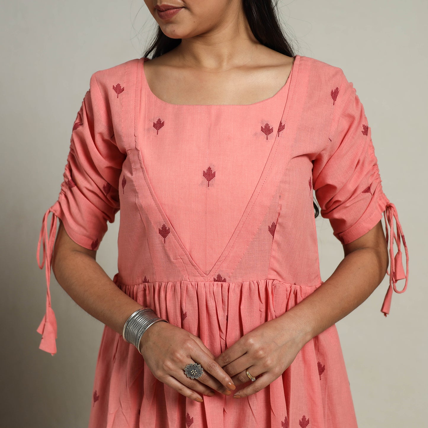 Peach - Tiered Fit & Flare Cotton Jacquard Dress 05