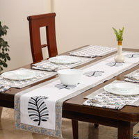 Sanganeri Block Printed Cotton Dining Table Runner, Mats (set of 6) & Napkins (set of 6)