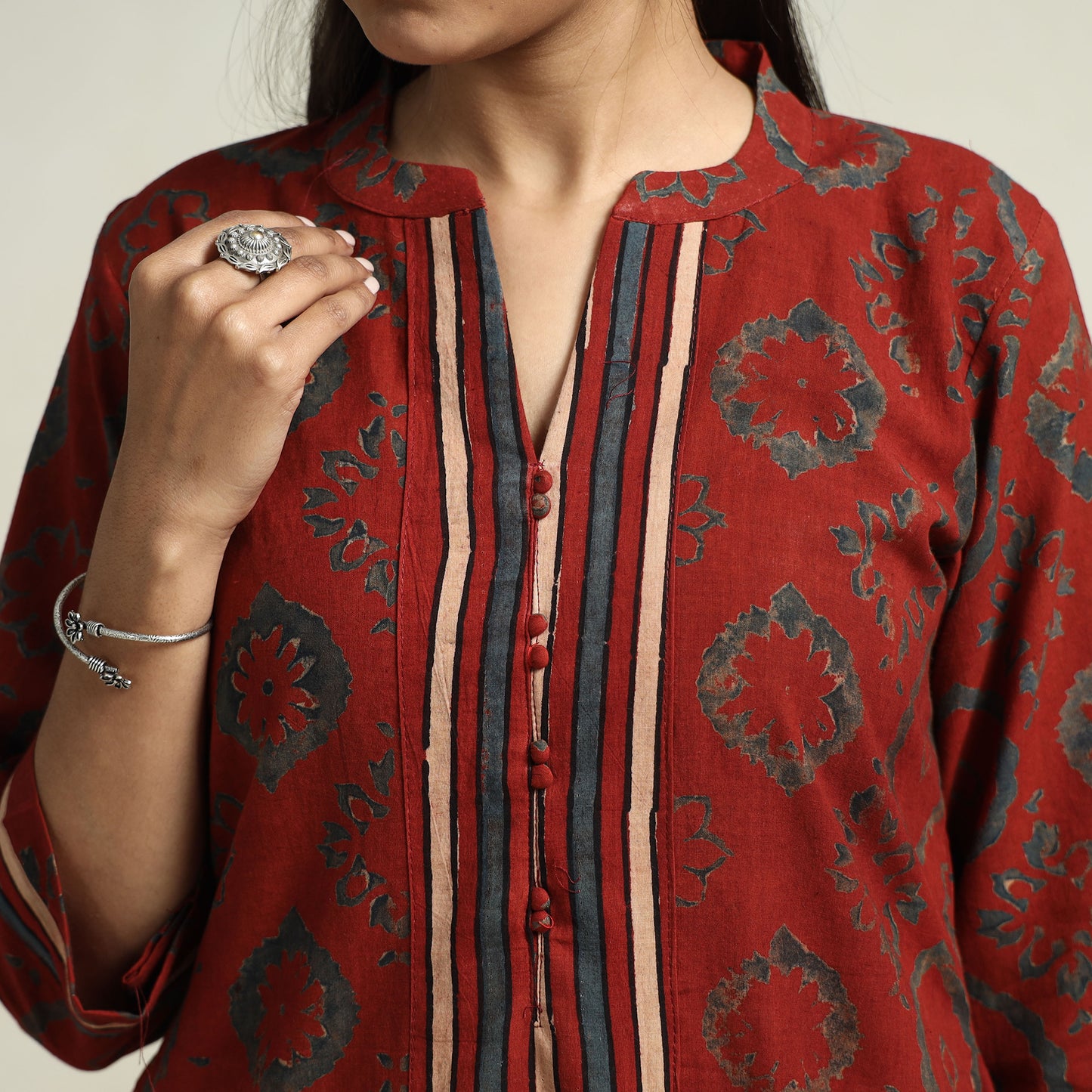 Red - Ajrakh Block Printed Cotton Straight Kurta with Patch