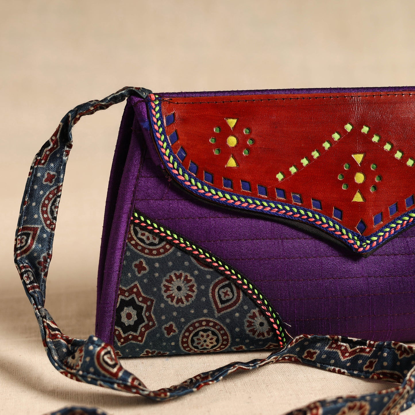 Traditional Kutch Patchwork Silk Leather Flap Sling Bag 43