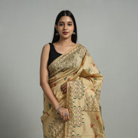 Beige - Handcrafted Bengal Nakshi Kantha Work Silk Saree 23