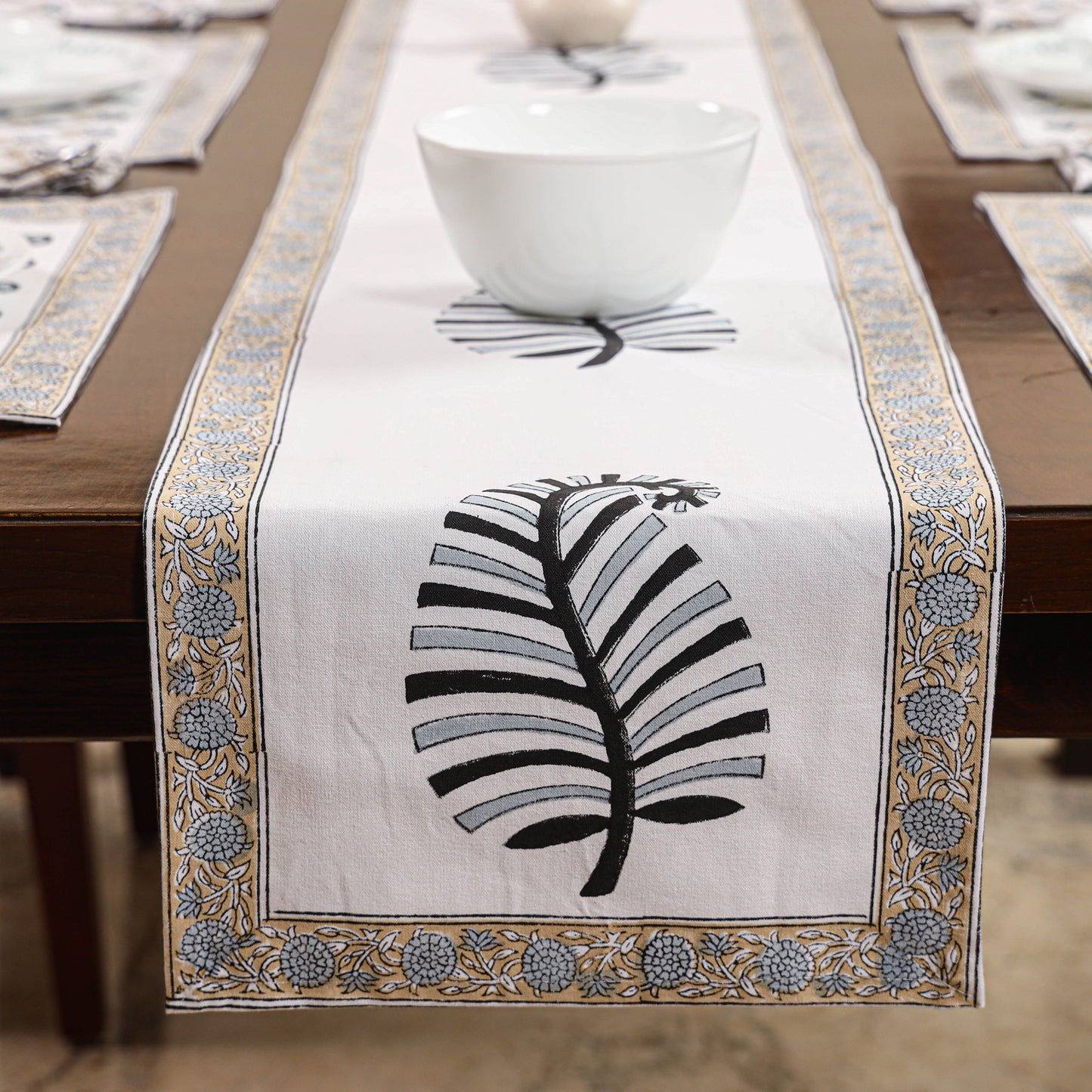 Sanganeri Block Printed Cotton Dining Table Runner, Mats (set of 6) & Napkins (set of 6)