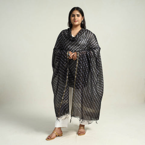 Black - Traditional Tie & Dye Chanderi Silk Leheriya Dupatta 54