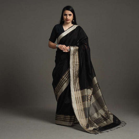 Black - Traditional Maheshwari Silk Handloom Saree with Thread & Zari Border