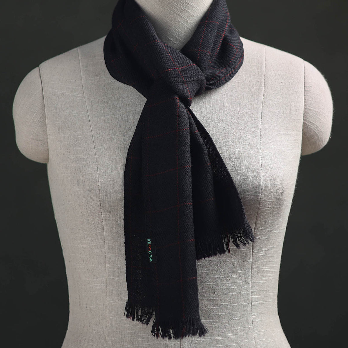 Black - Kumaun Handwoven Pure Merino Wool Scarf 161