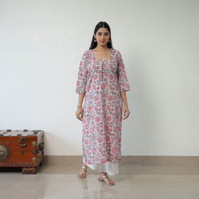 Buy Grey Sanganeri Block Printed Cotton Long Straight Kurta
