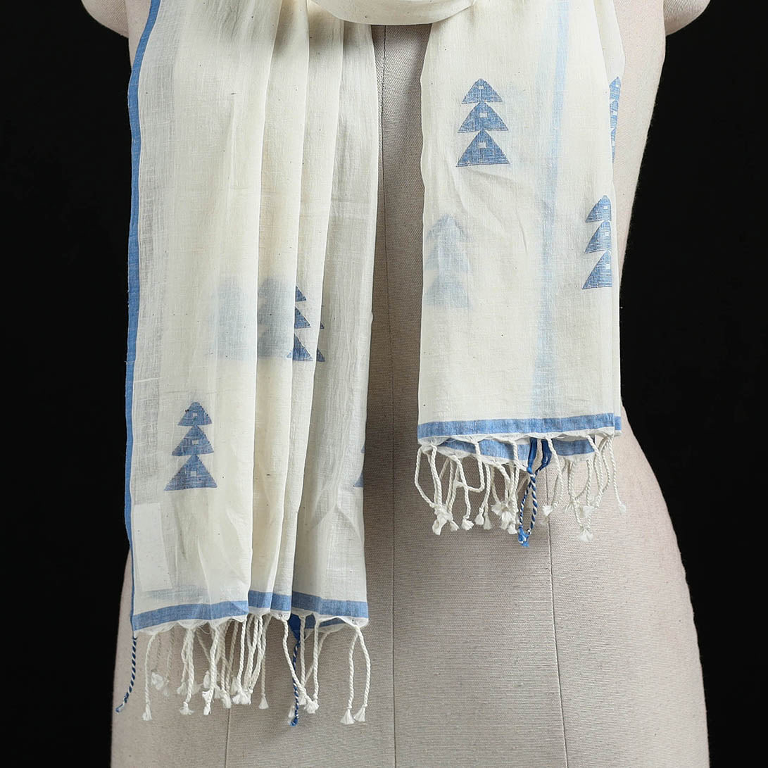 White - Burdwan Jamdani Handloom Cotton Stole with Tassels 04