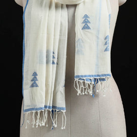 White - Burdwan Jamdani Handloom Cotton Stole with Tassels 04