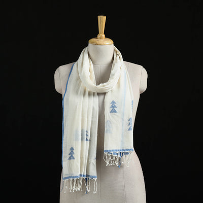 White - Burdwan Jamdani Handloom Cotton Stole with Tassels 04