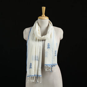 White - Burdwan Jamdani Handloom Cotton Stole with Tassels 04