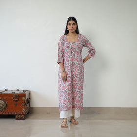 Buy Grey Sanganeri Block Printed Cotton Long Straight Kurta
