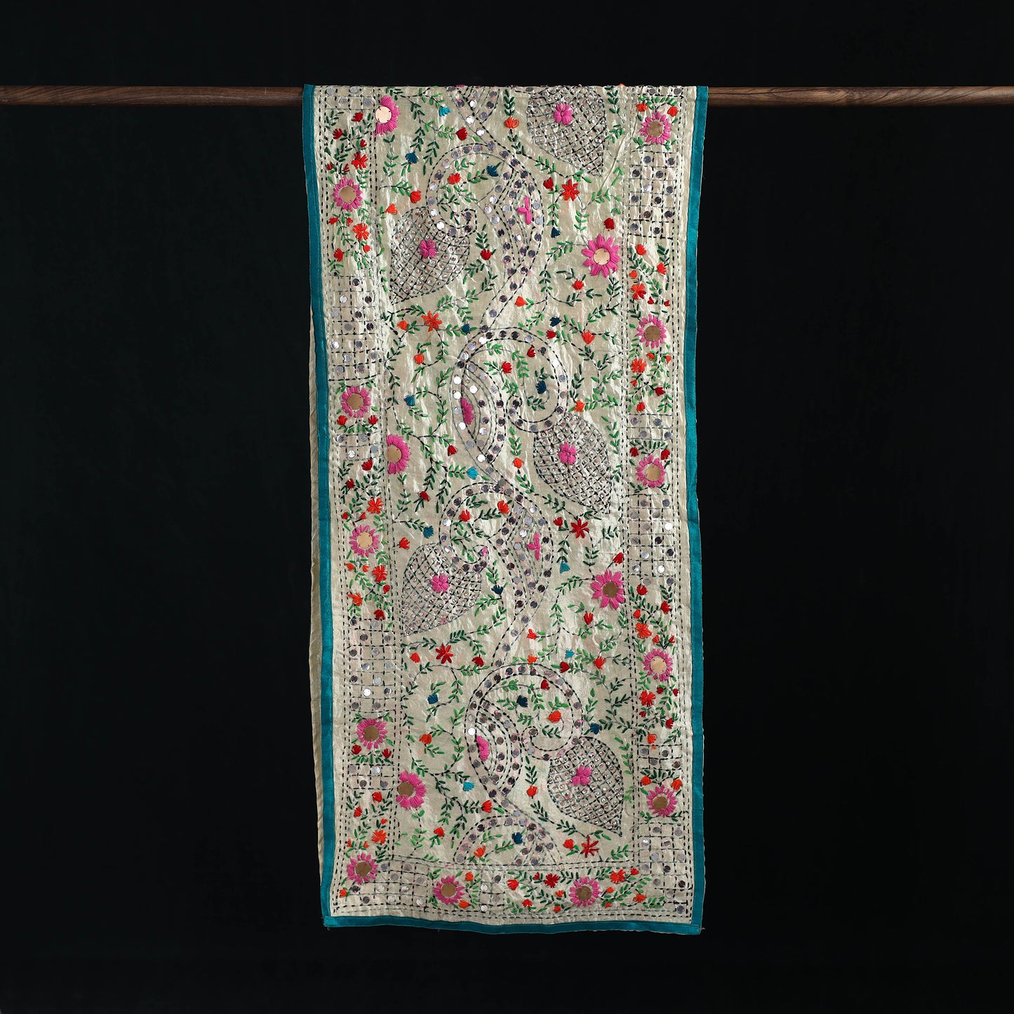 Beige - Ranihati Chanderi Silk Hand Embroidered Stole 20