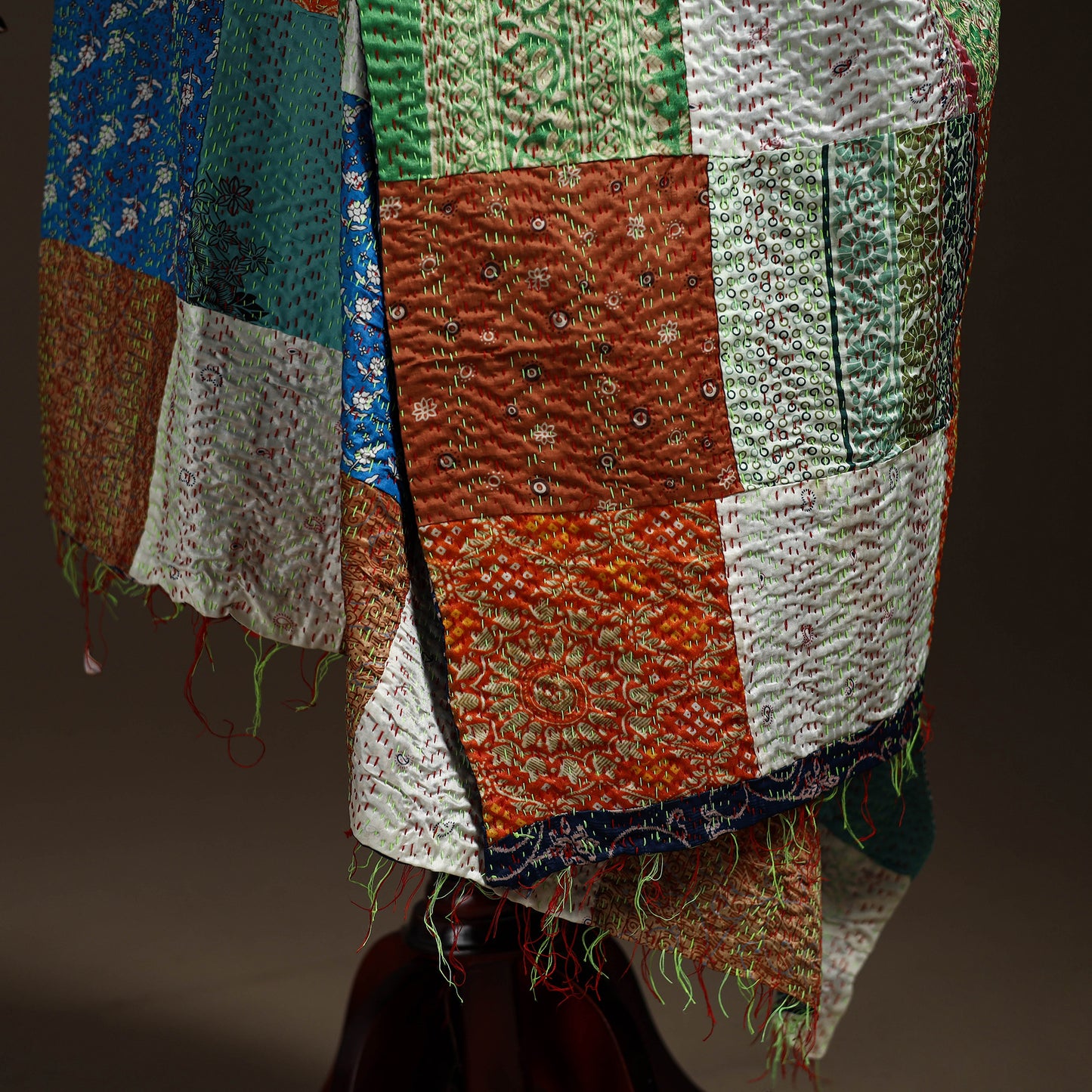 Bengal Hand Embroidery Patchwork Reversible Silk Kantha Dupatta 34