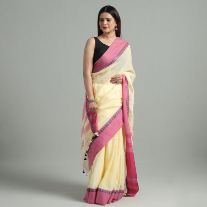Yellow - Bengal Woven Border Handloom Pure Cotton Saree 31
