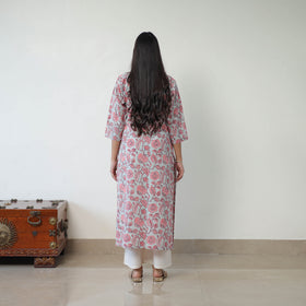 Buy Grey Sanganeri Block Printed Cotton Long Straight Kurta