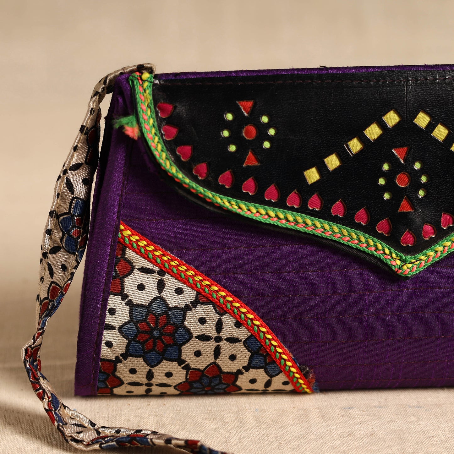Traditional Kutch Patchwork Silk Leather Flap Sling Bag 44