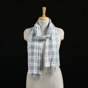 White - Burdwan Jamdani Handloom Cotton Stole with Tassels 05
