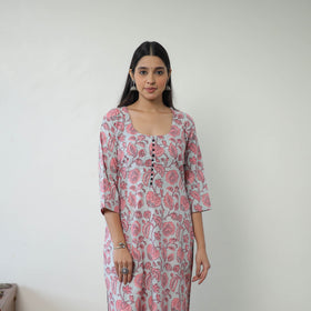 Buy Grey Sanganeri Block Printed Cotton Long Straight Kurta