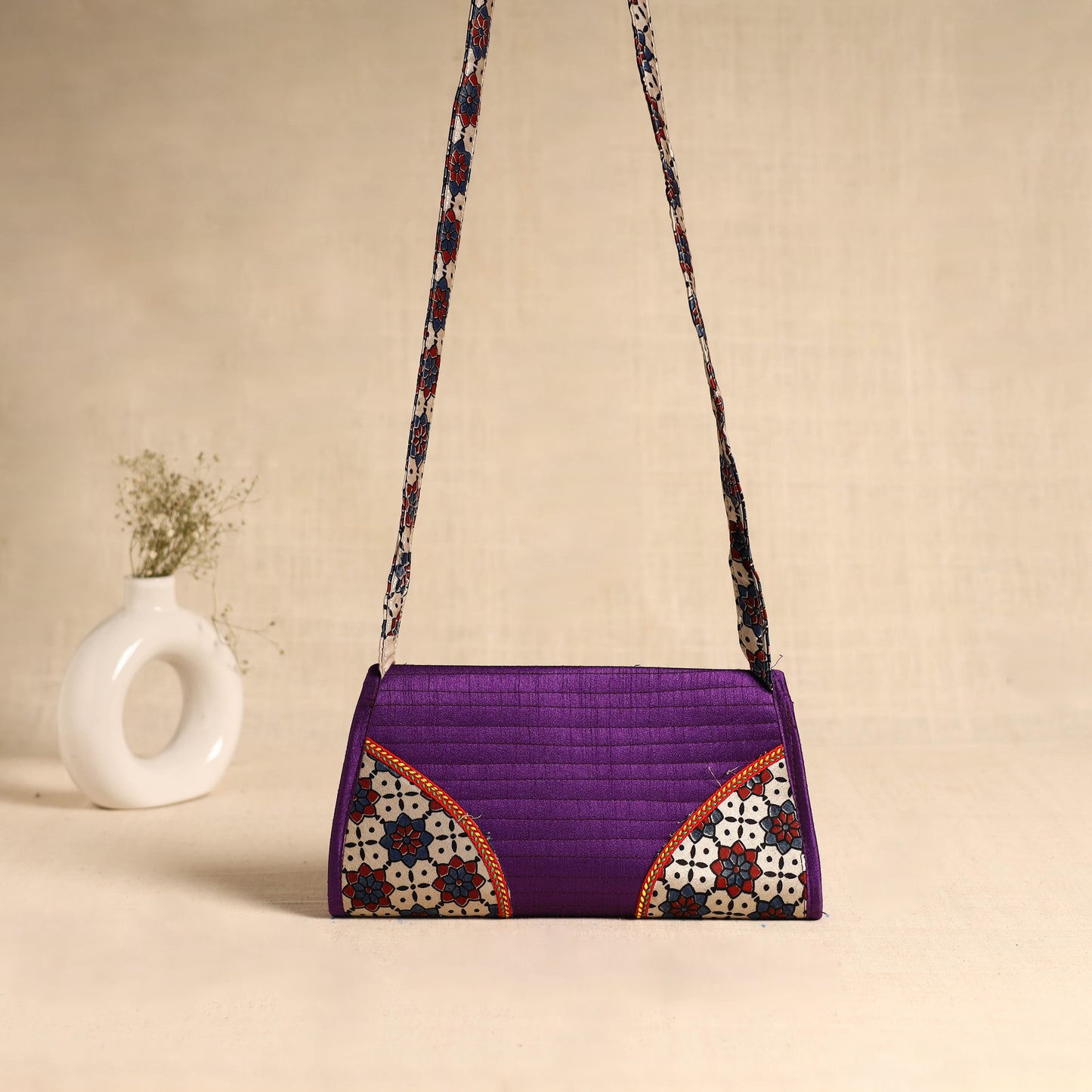 Traditional Kutch Patchwork Silk Leather Flap Sling Bag 44
