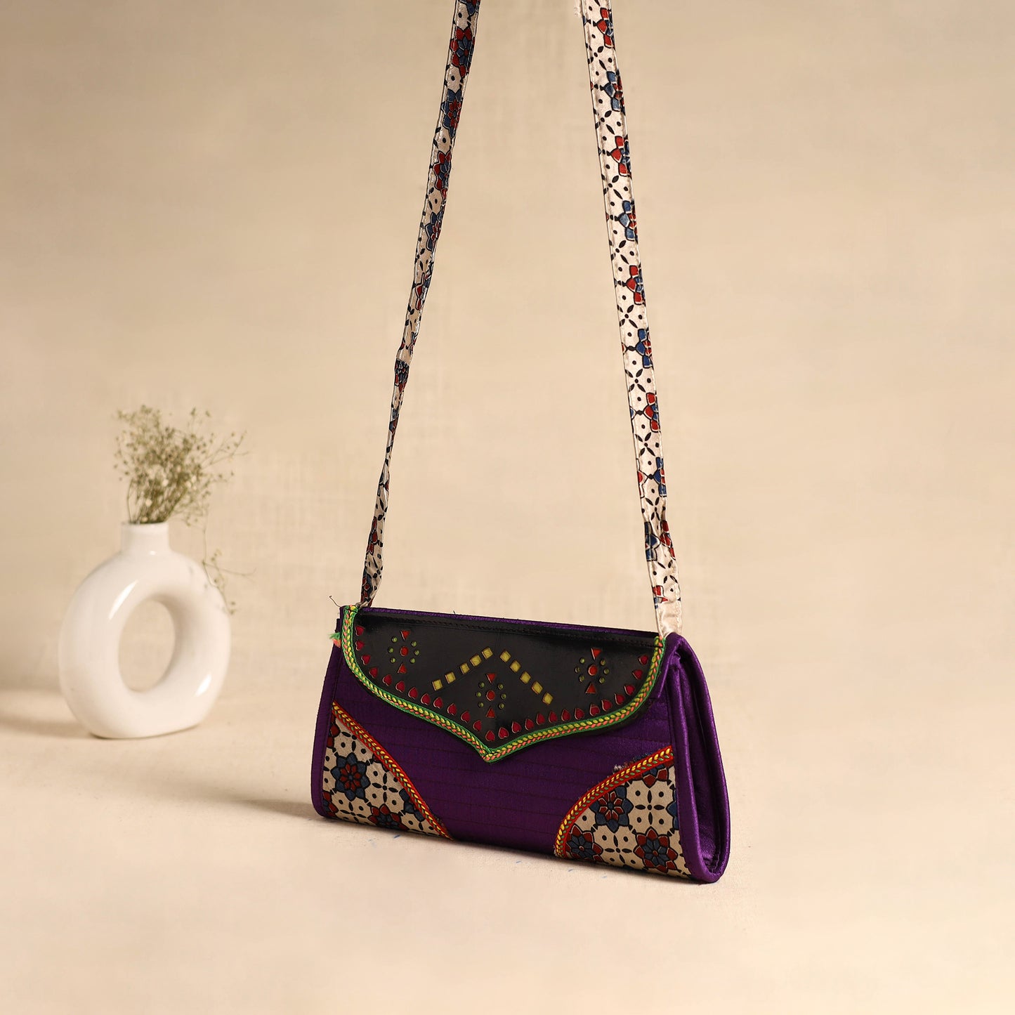 Traditional Kutch Patchwork Silk Leather Flap Sling Bag 44