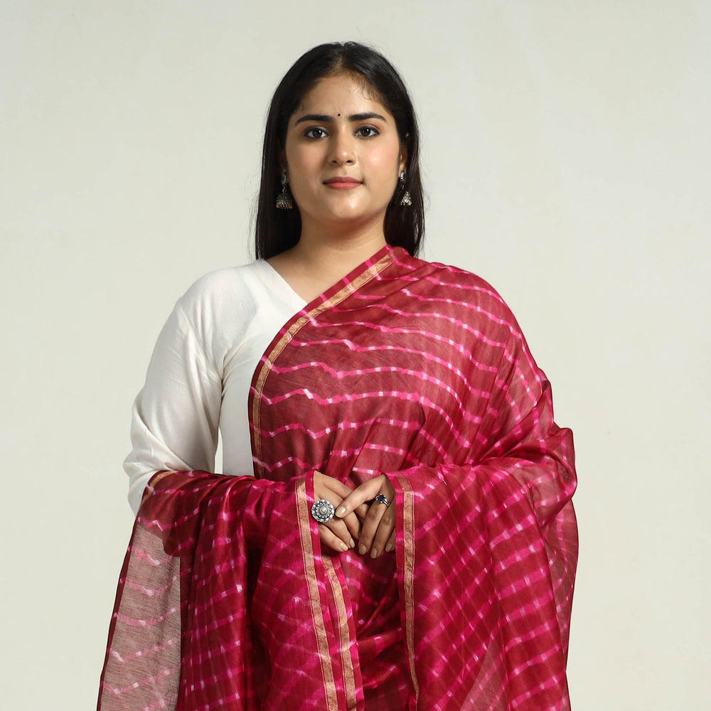 Pink - Traditional Tie & Dye Chanderi Silk Leheriya Dupatta 55