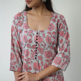Buy Grey Sanganeri Block Printed Cotton Long Straight Kurta