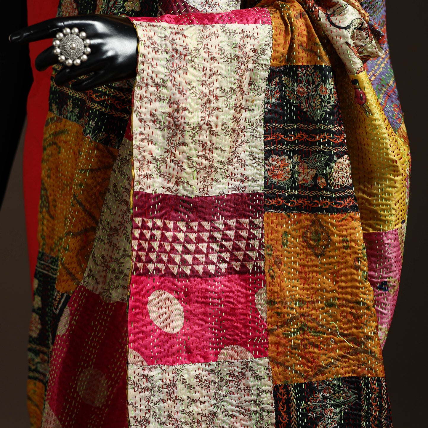 Multicolor - Bengal Hand Embroidery Patchwork Reversible Silk Kantha Dupatta 35