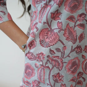 Buy Grey Sanganeri Block Printed Cotton Long Straight Kurta