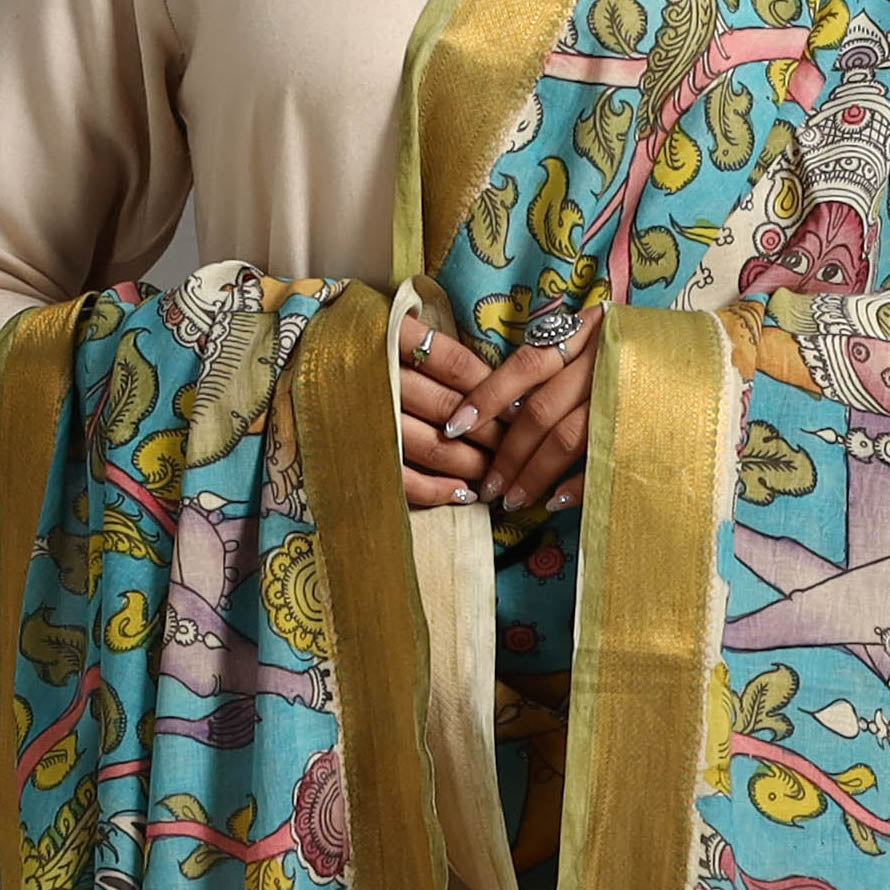 Srikalahasti Handpainted Cotton Pen Kalamkari Dupatta 09