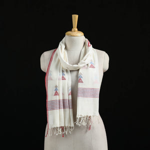 White - Burdwan Jamdani Handloom Cotton Stole with Tassels 06