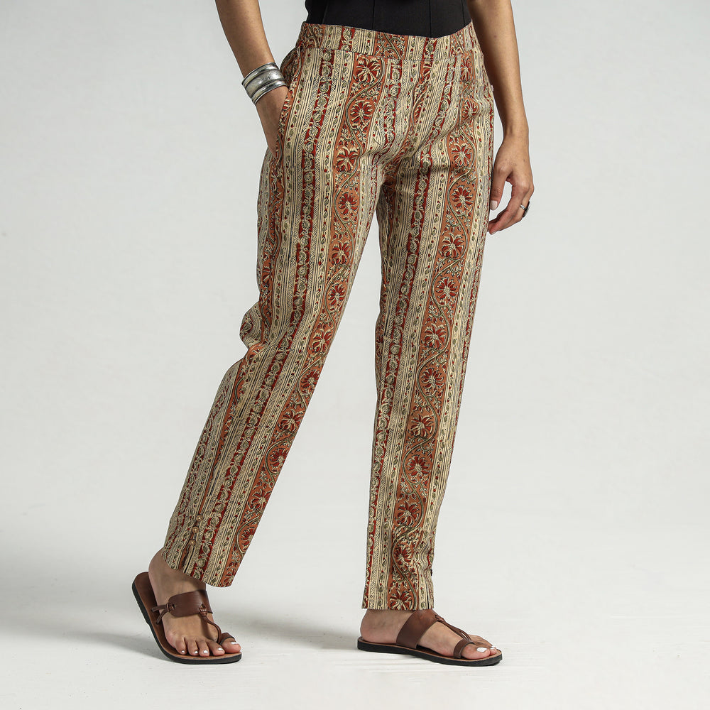 Beige - Kalamkari Block Printed Cotton Elasticated Pant