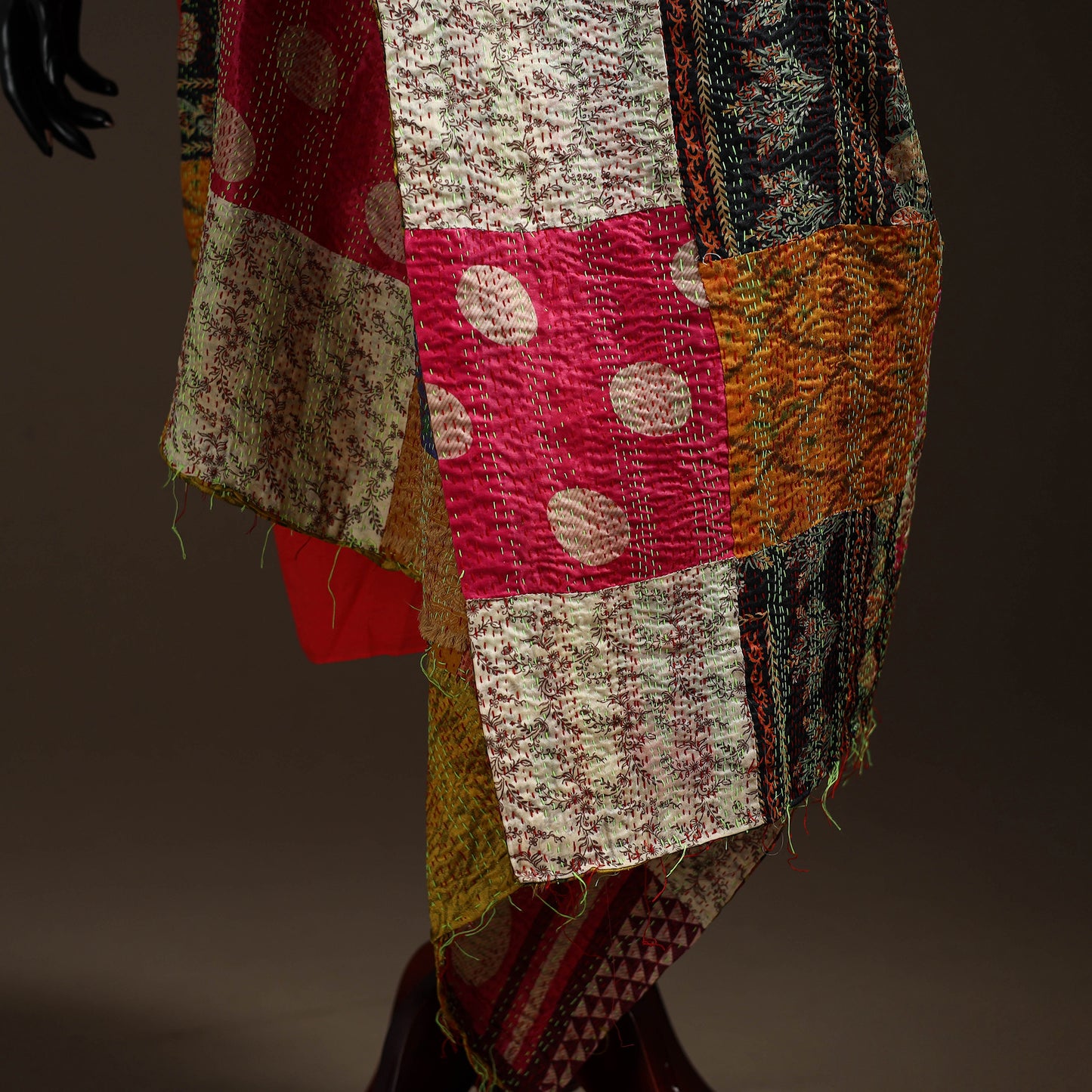 Multicolor - Bengal Hand Embroidery Patchwork Reversible Silk Kantha Dupatta 35