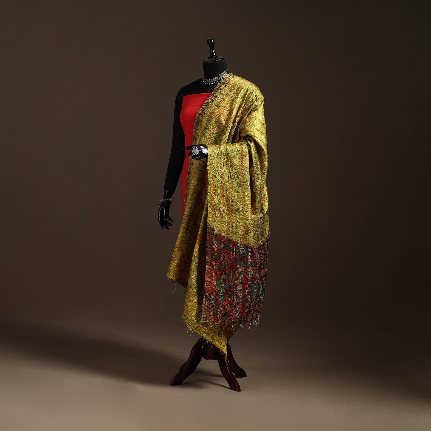 Multicolor - Bengal Hand Embroidery Patchwork Reversible Silk Kantha Dupatta 35