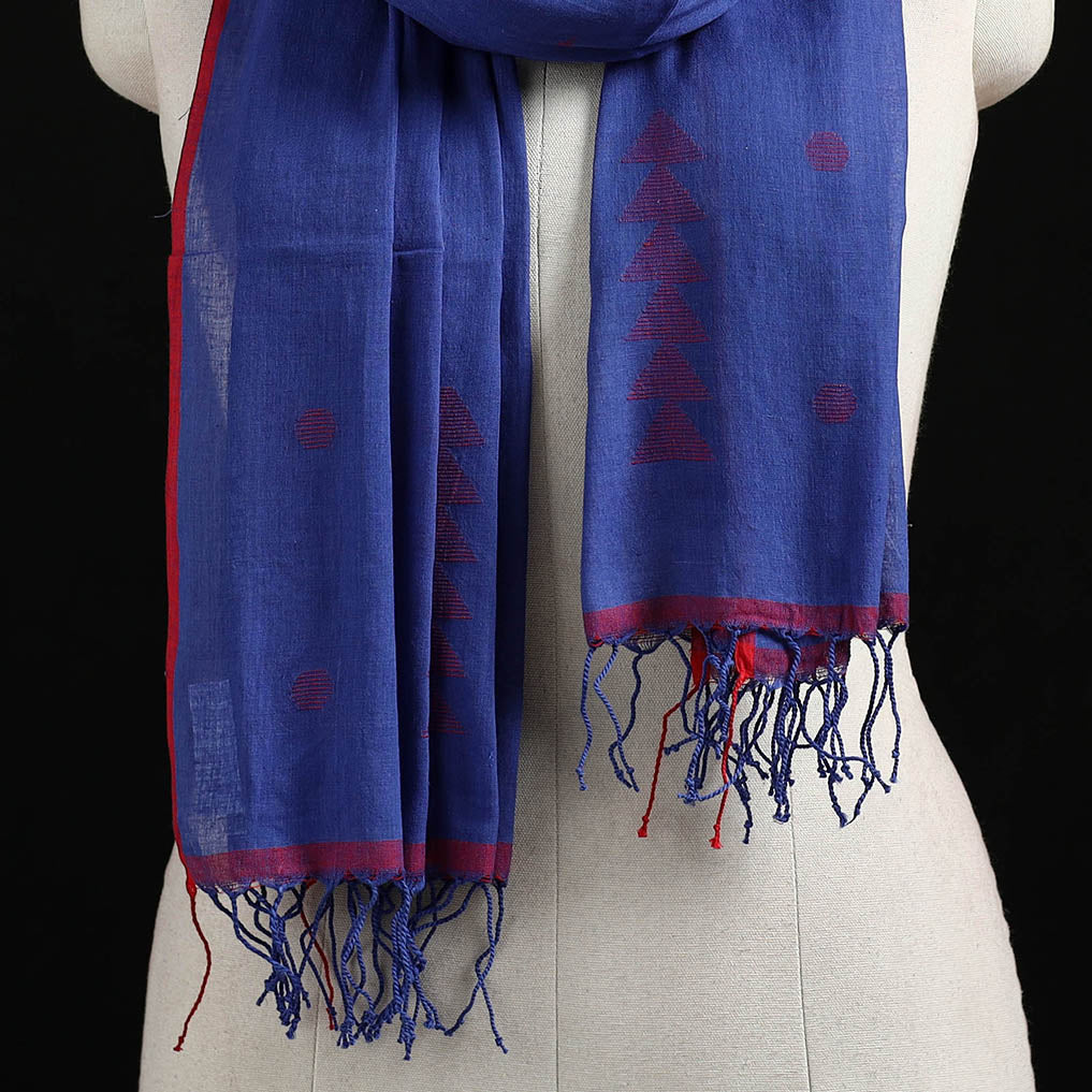 Blue - Burdwan Jamdani Handloom Cotton Stole with Tassels 08