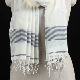 White - Burdwan Jamdani Handloom Cotton Stole with Tassels 09