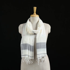 White - Burdwan Jamdani Handloom Cotton Stole with Tassels 09