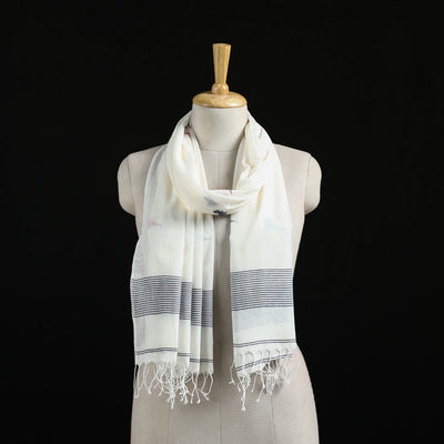 White - Burdwan Jamdani Handloom Cotton Stole with Tassels 09