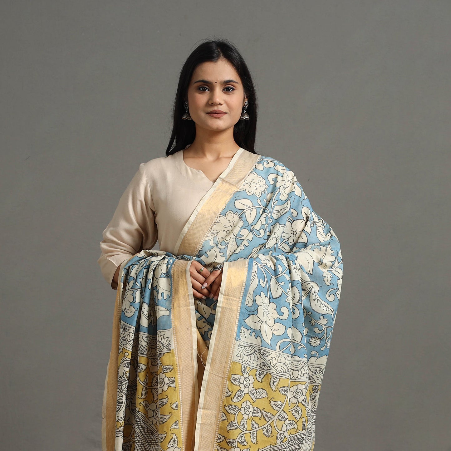 Srikalahasti Handpainted Cotton Pen Kalamkari Dupatta 10