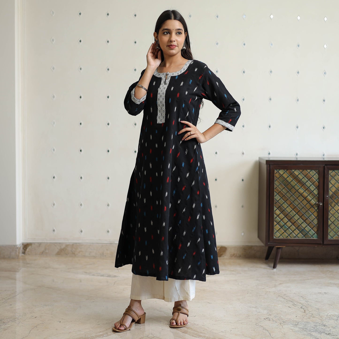 Black - Pochampally Ikat Weave Cotton A-Line Kurta with Jacquard Patchwork 26